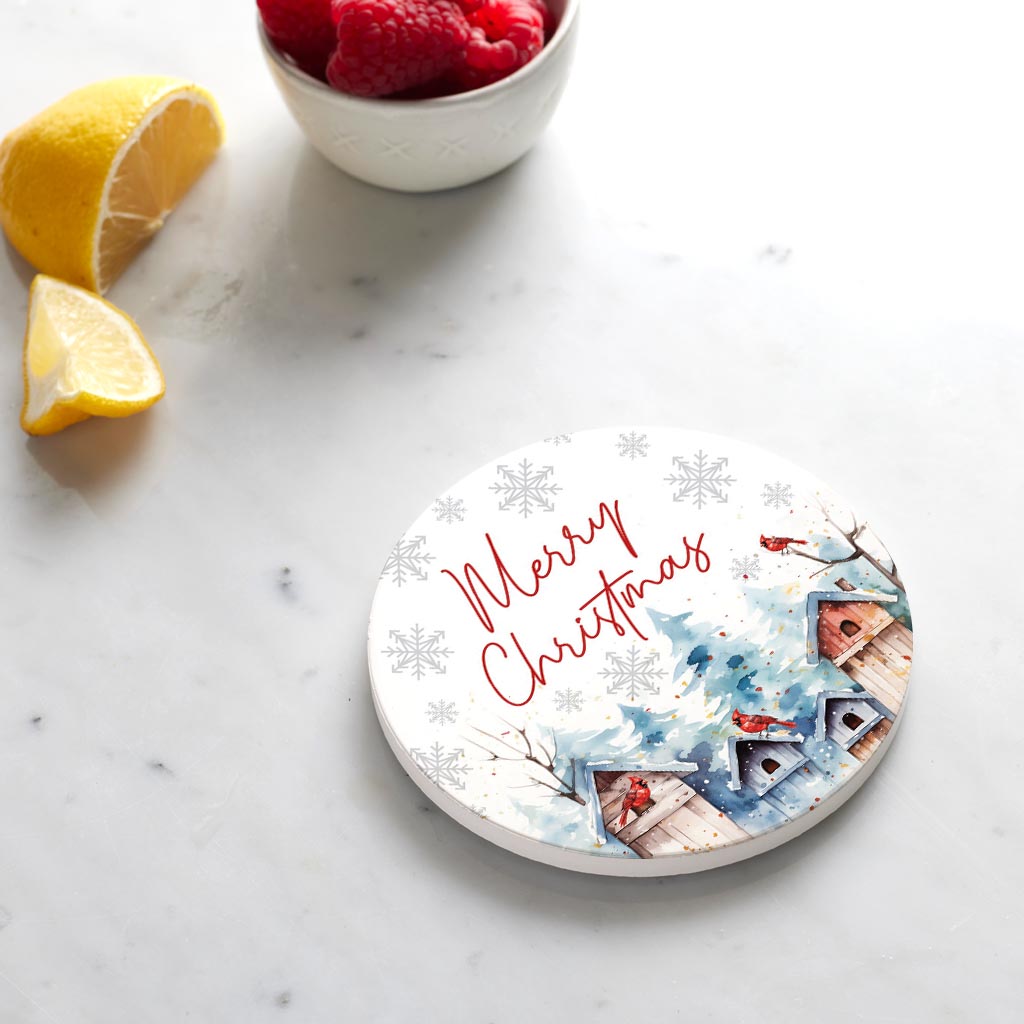 Ceramic Round Coaster-Cardinal Christmas Merry Christmas -4