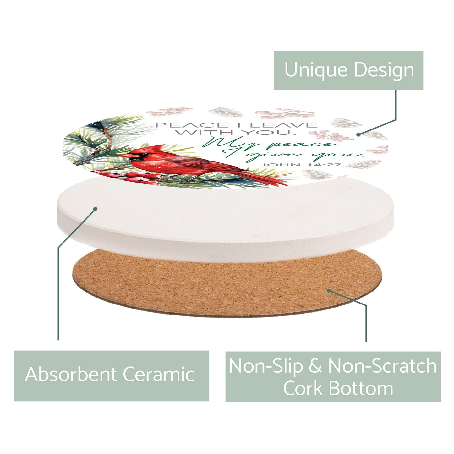 Ceramic Round Coaster-Cardinal Christmas Peace I Give You -2