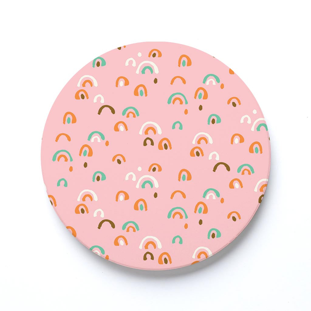 Ceramic Round Coaster-Bright Whimsical Pink Pattern -0