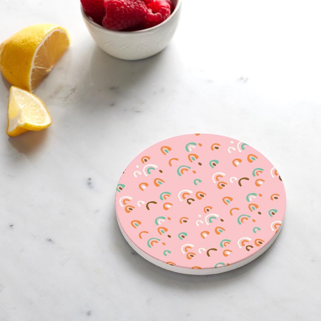 Ceramic Round Coaster-Bright Whimsical Pink Pattern -4