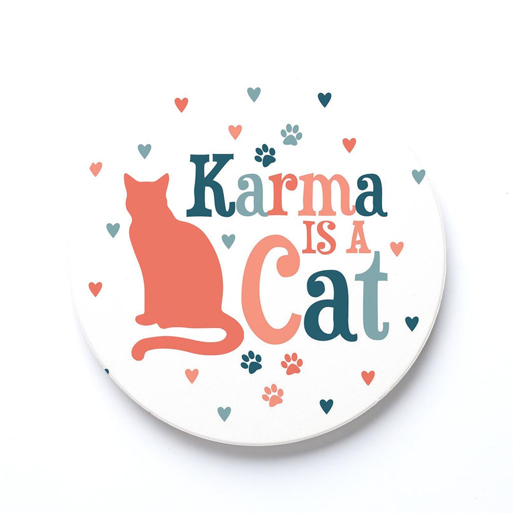 Ceramic Round Coaster-Karma Is A Cat Paw Prints & Hearts -0