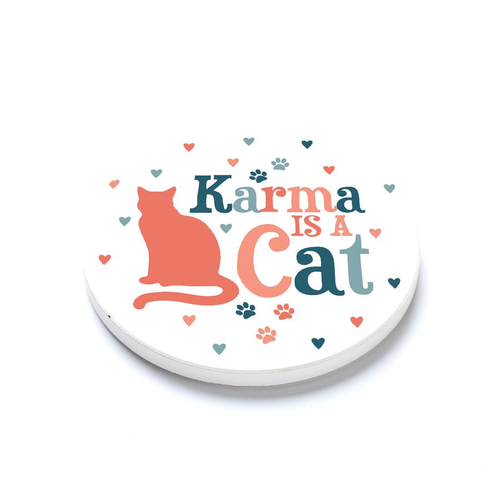 Ceramic Round Coaster-Karma Is A Cat Paw Prints & Hearts -1