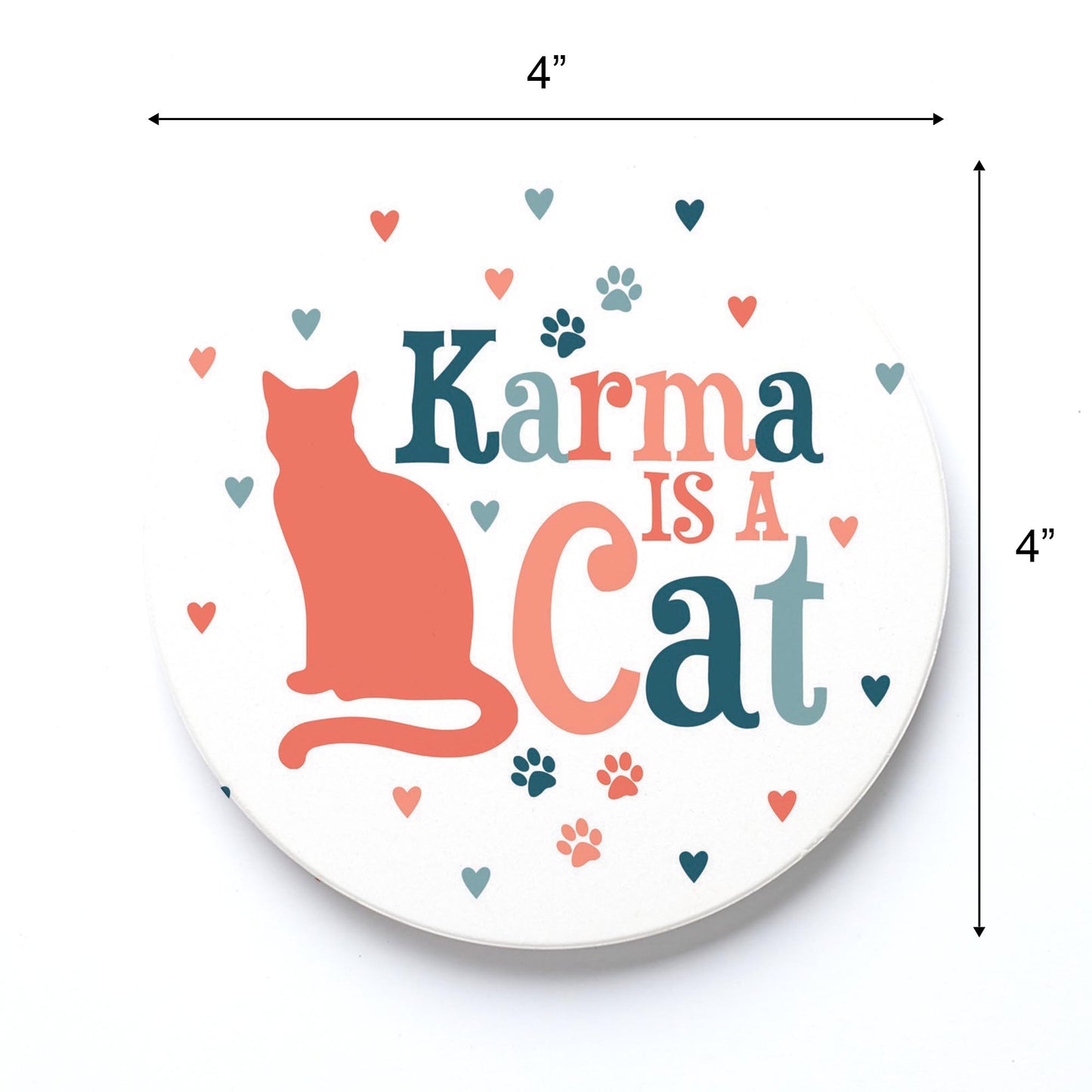 Ceramic Round Coaster-Karma Is A Cat Paw Prints & Hearts -3