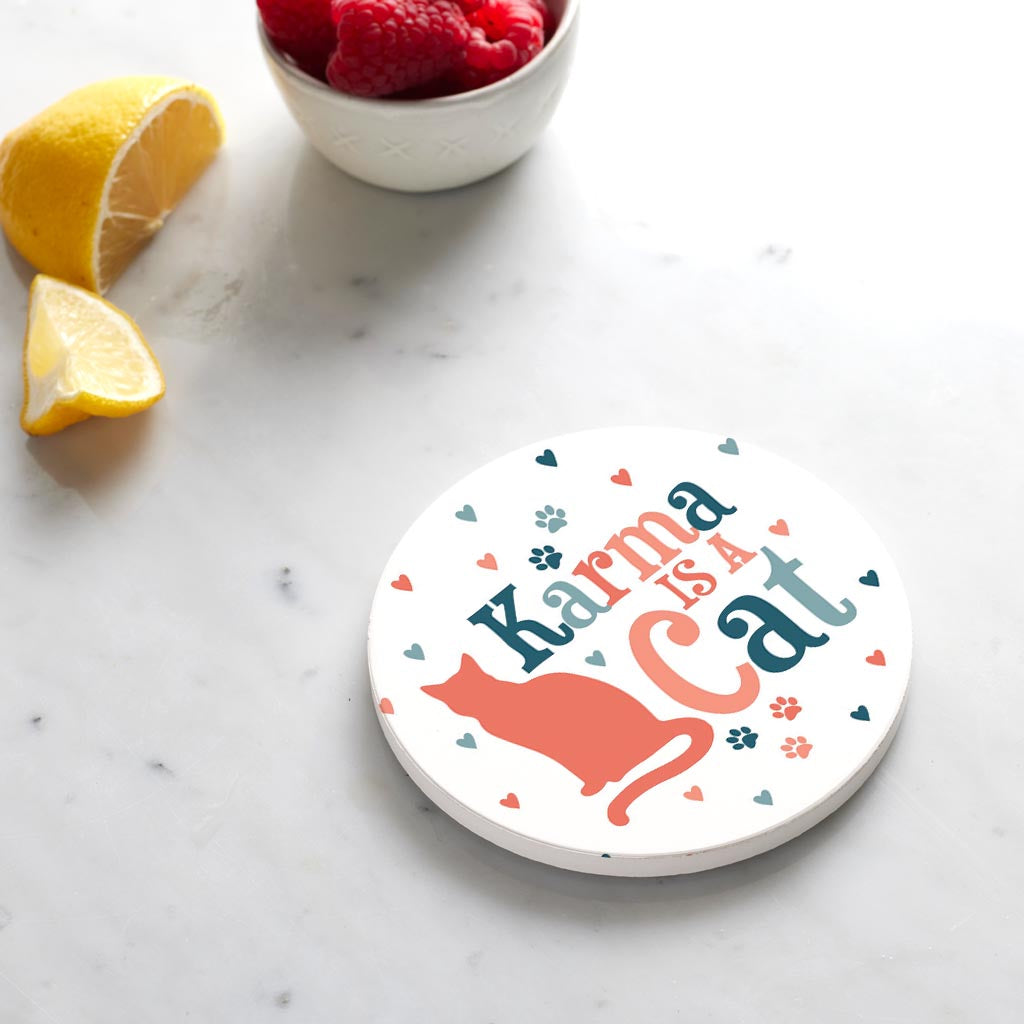 Ceramic Round Coaster-Karma Is A Cat Paw Prints & Hearts -4