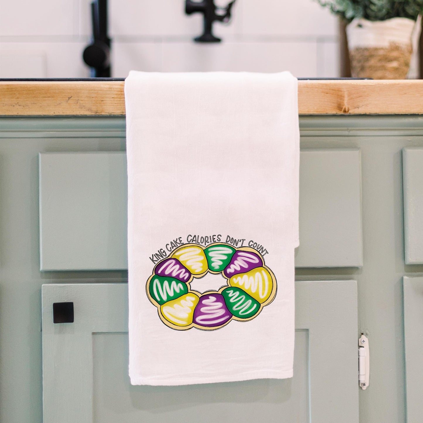 Cotton Tea Towel White-Mardi Gras King Cake