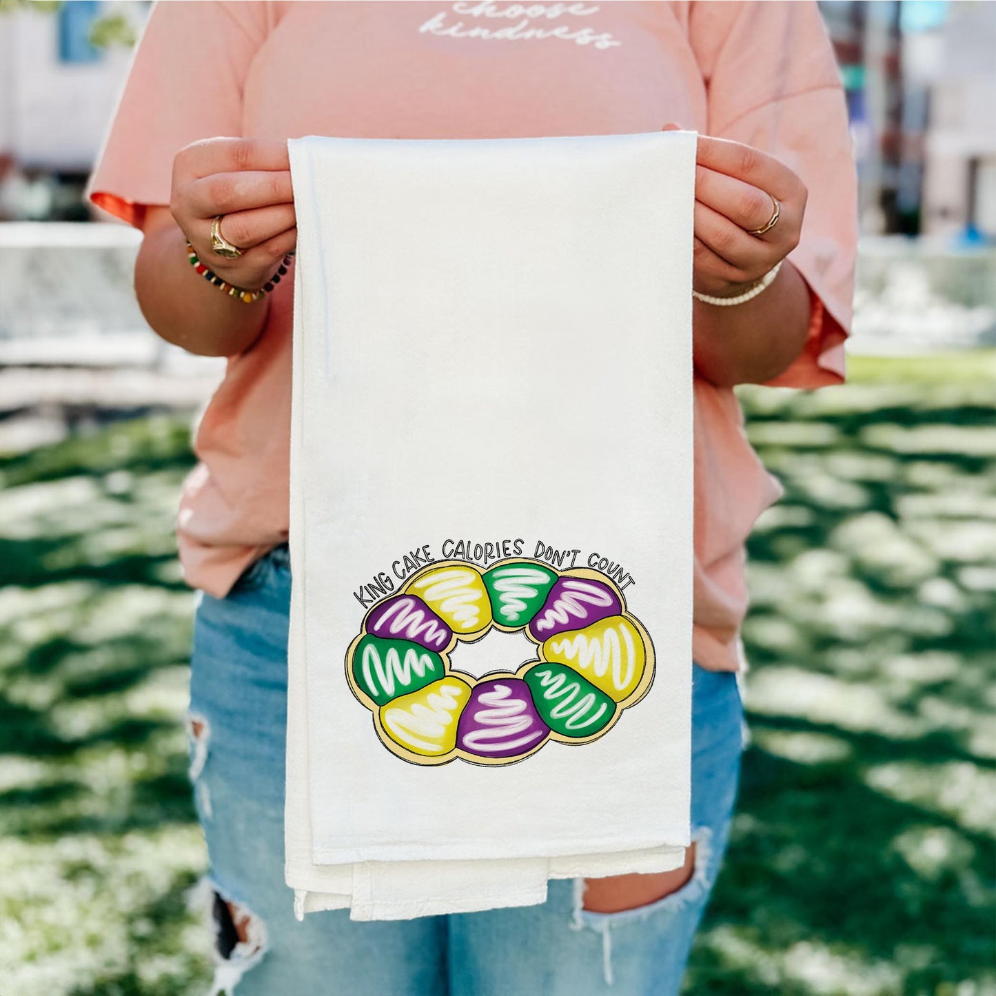 Cotton Tea Towel White-Mardi Gras King Cake