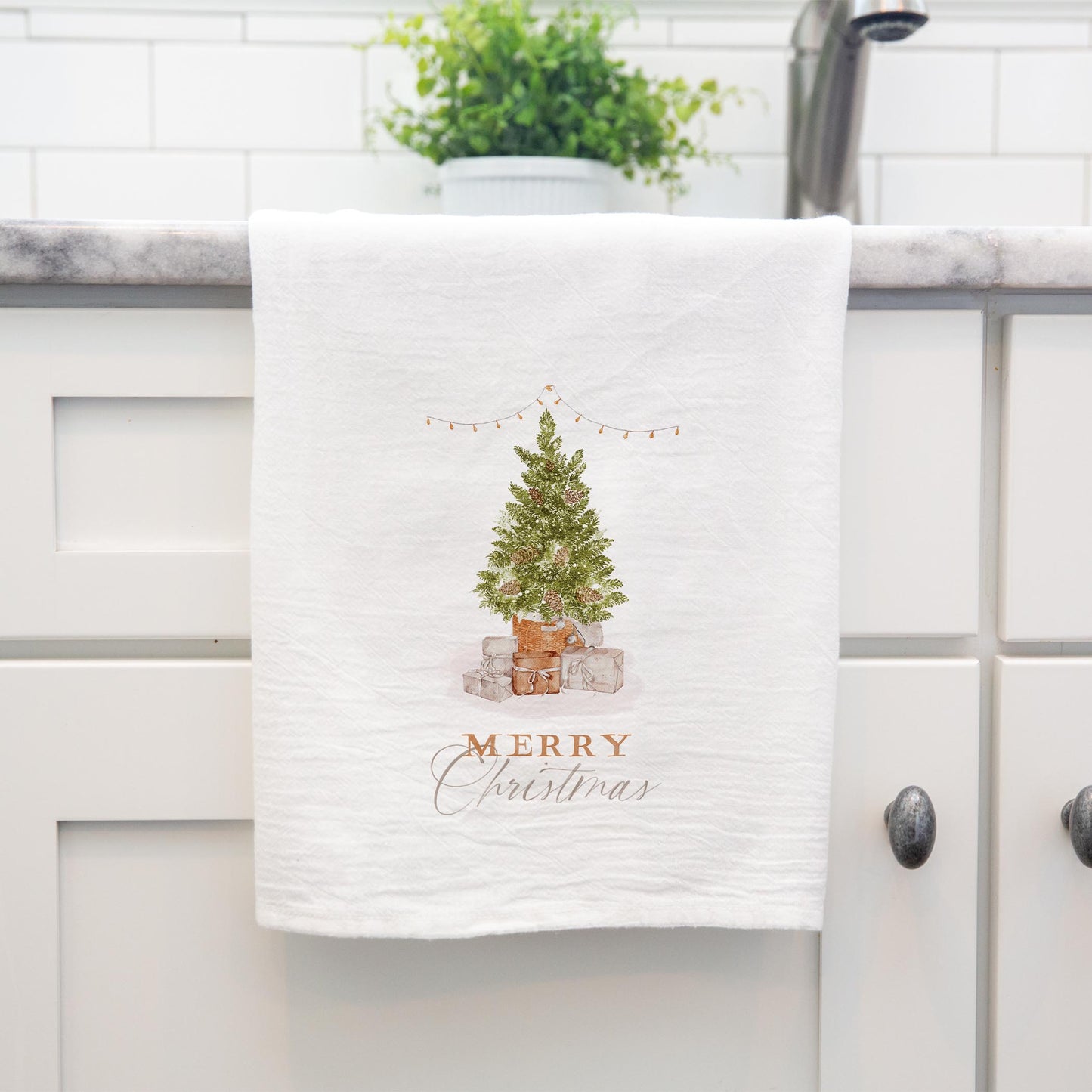 Cotton Tea Towel White-Cottage Tree Merry Christmas