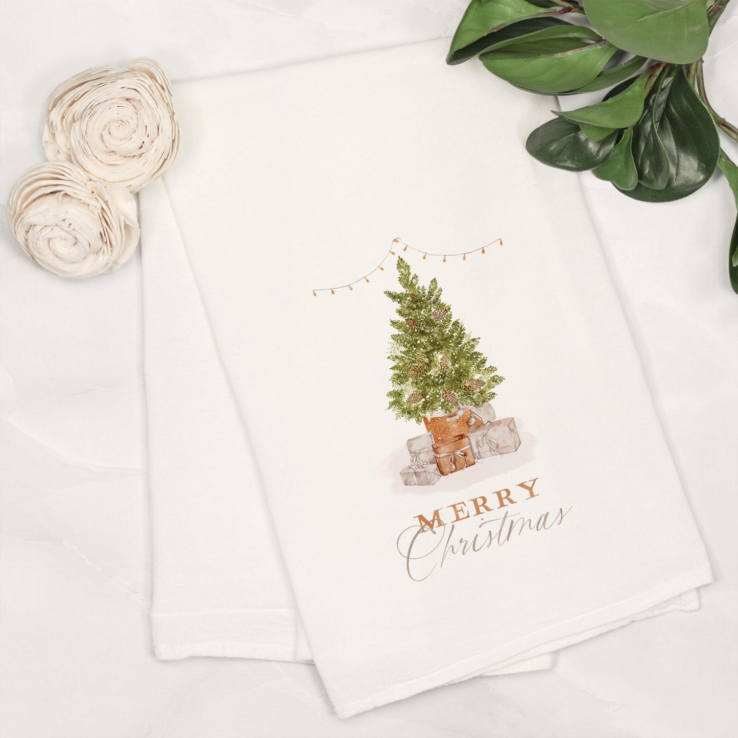 Cotton Tea Towel White-Cottage Tree Merry Christmas