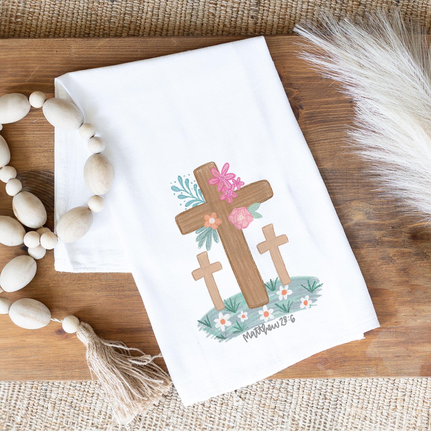 Cotton Tea Towel White-Floral Cross Matthew 28:6