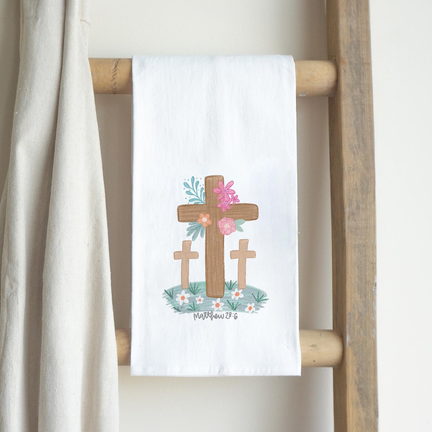 Cotton Tea Towel White-Floral Cross Matthew 28:6