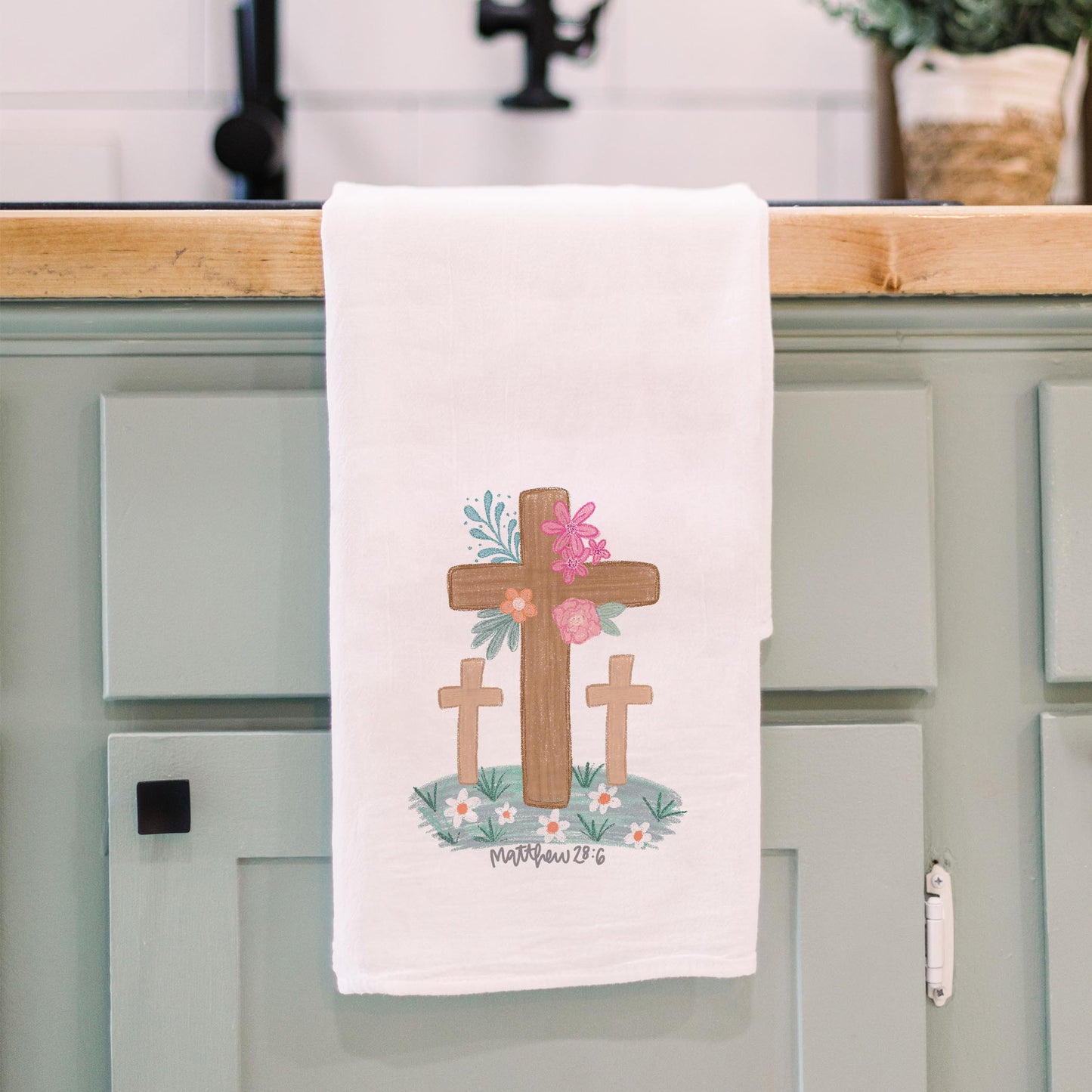 Cotton Tea Towel White-Floral Cross Matthew 28:6