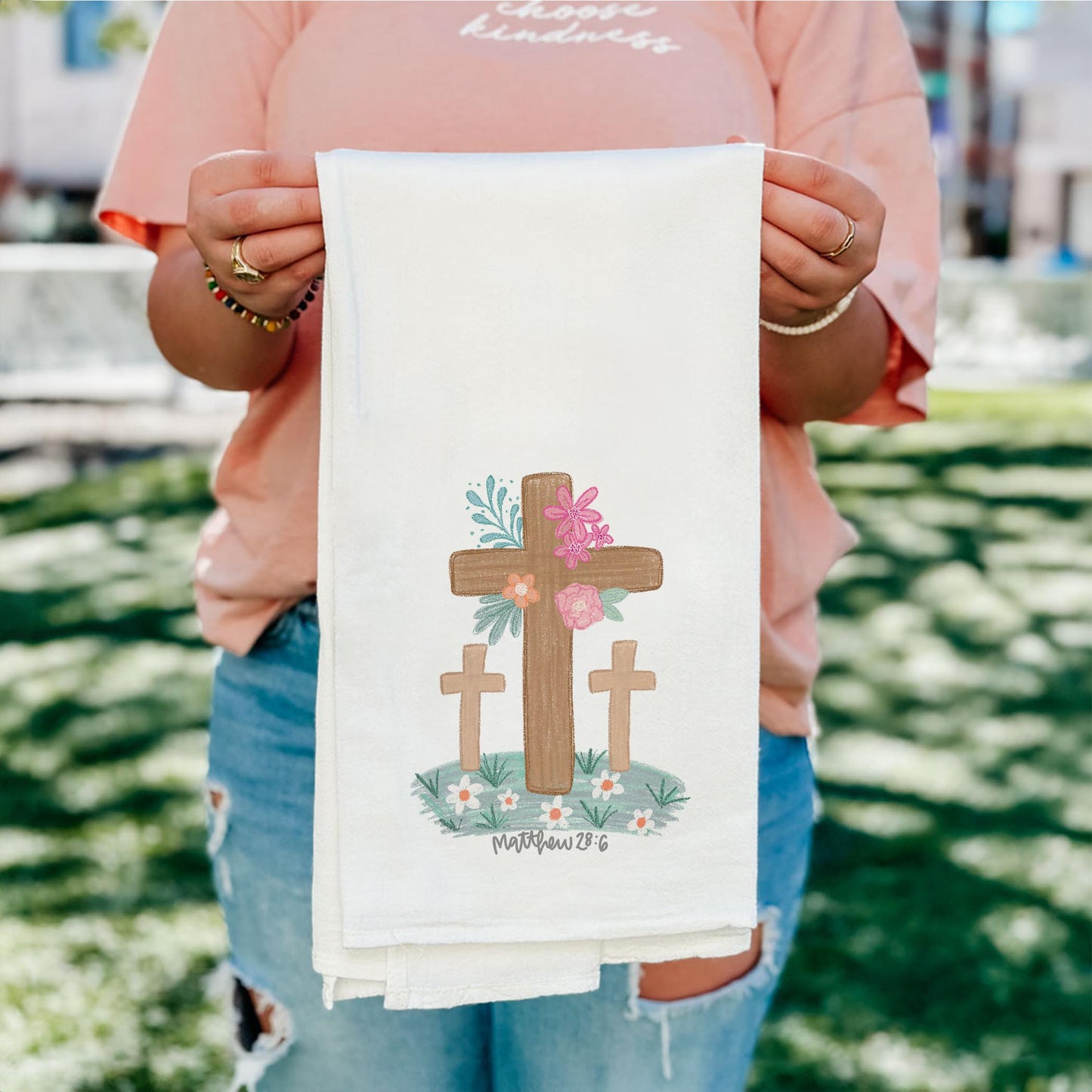 Cotton Tea Towel White-Floral Cross Matthew 28:6