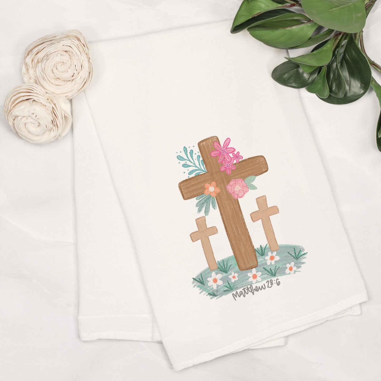 Cotton Tea Towel White-Floral Cross Matthew 28:6