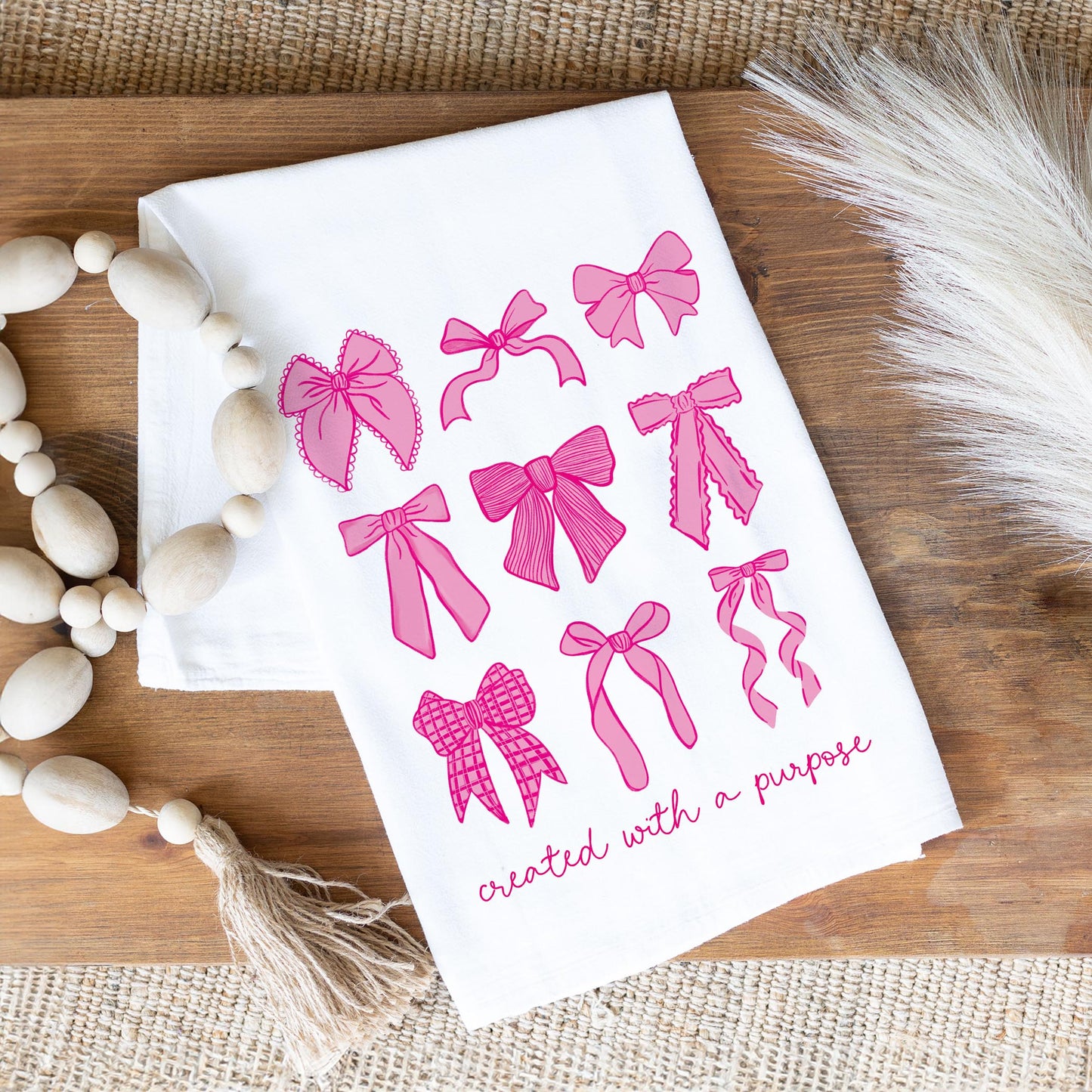 Cotton Tea Towel White-Pink Bows Created With A Purpose