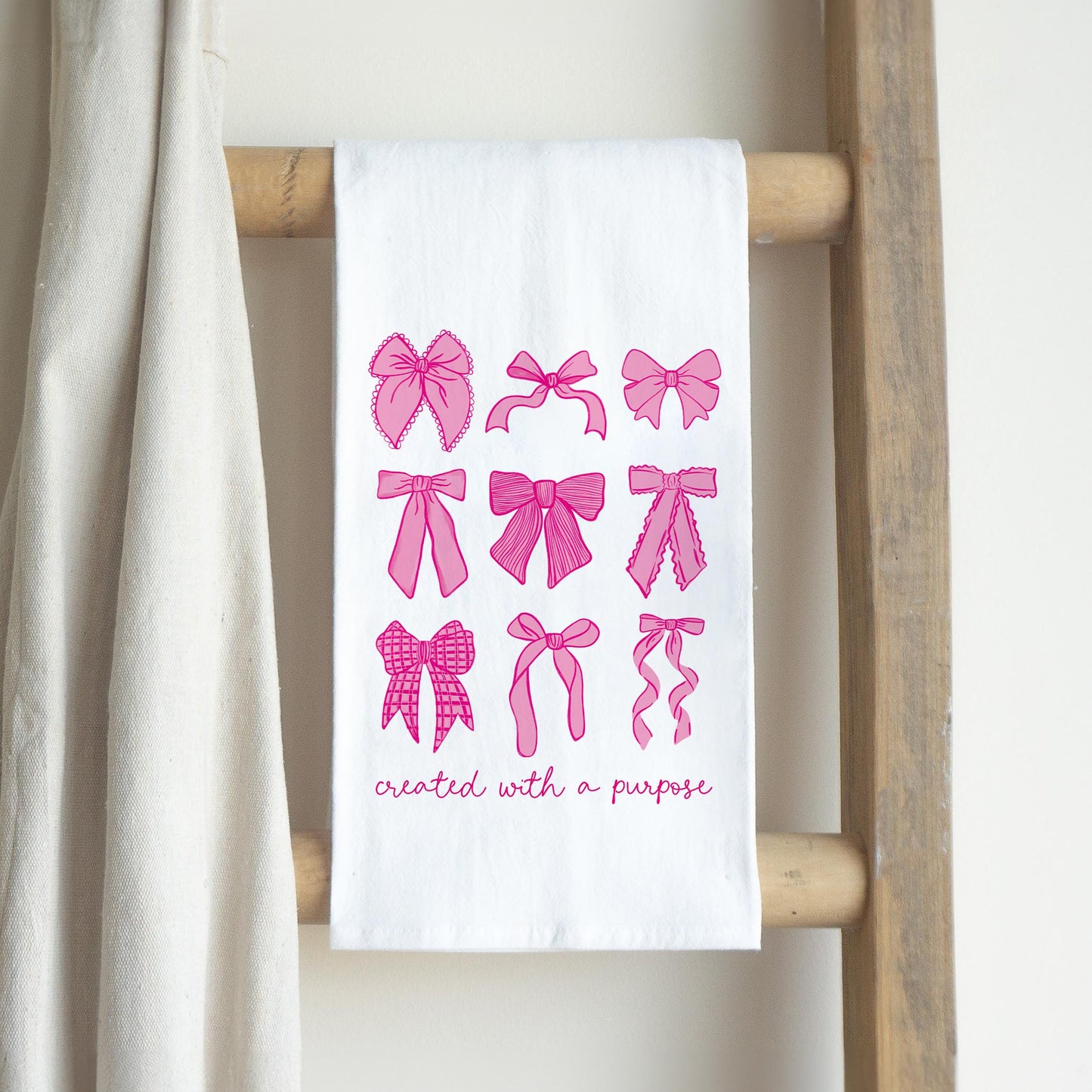 Cotton Tea Towel White-Pink Bows Created With A Purpose