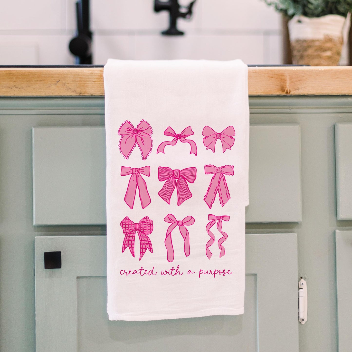 Cotton Tea Towel White-Pink Bows Created With A Purpose