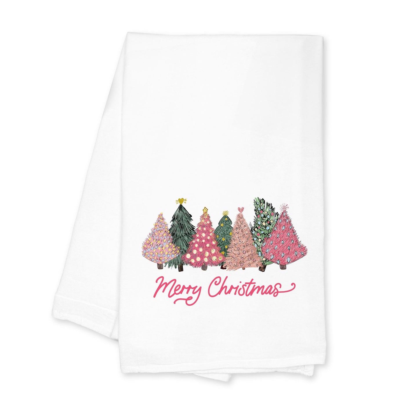 Cotton Tea Towel White-Pink Trees Merry Christmas