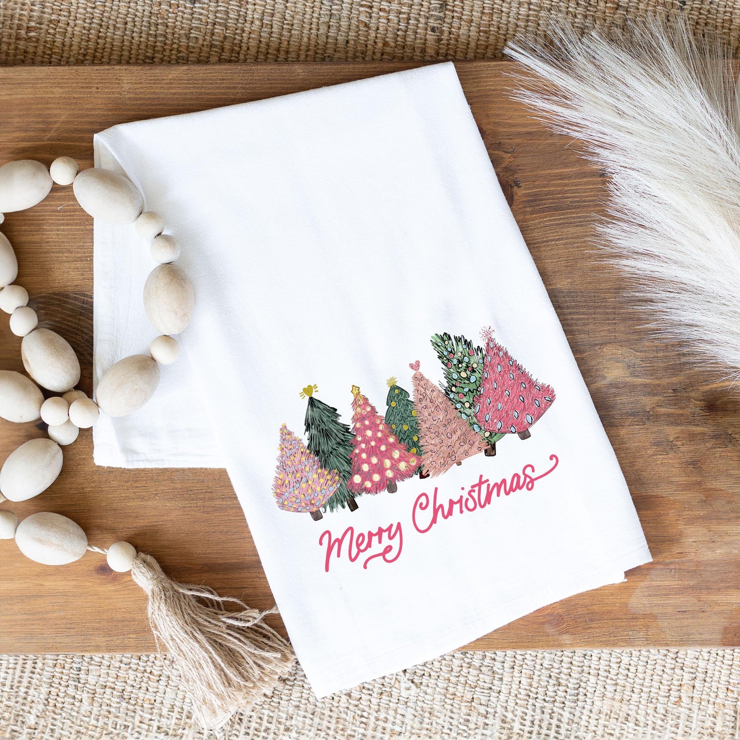 Cotton Tea Towel White-Pink Trees Merry Christmas