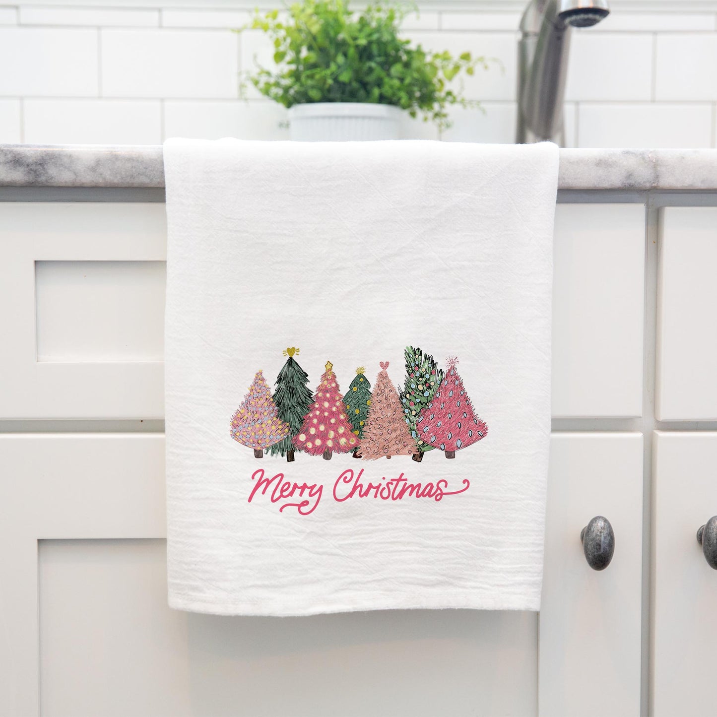 Cotton Tea Towel White-Pink Trees Merry Christmas