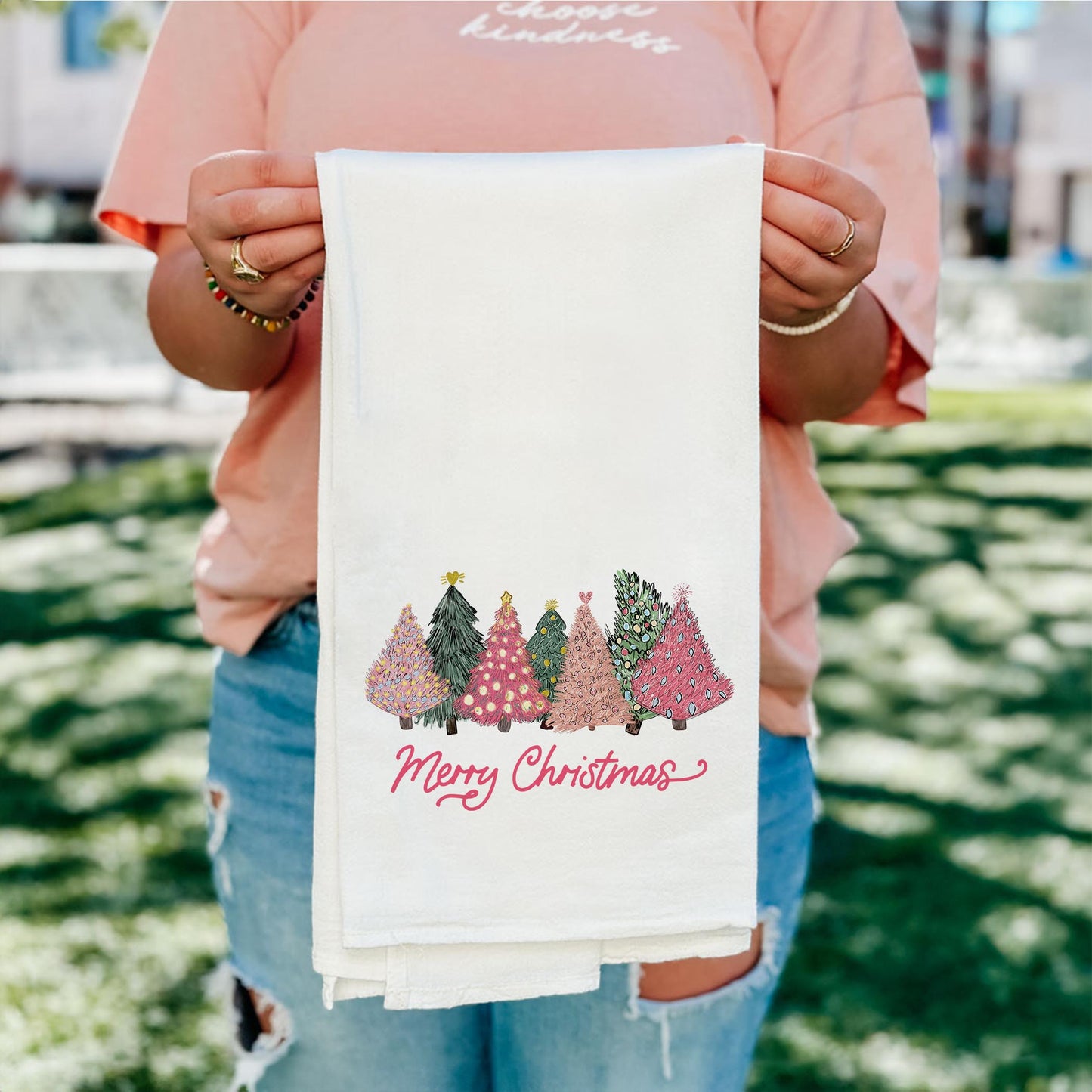 Cotton Tea Towel White-Pink Trees Merry Christmas