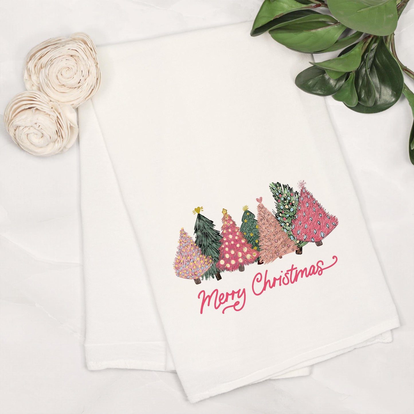Cotton Tea Towel White-Pink Trees Merry Christmas