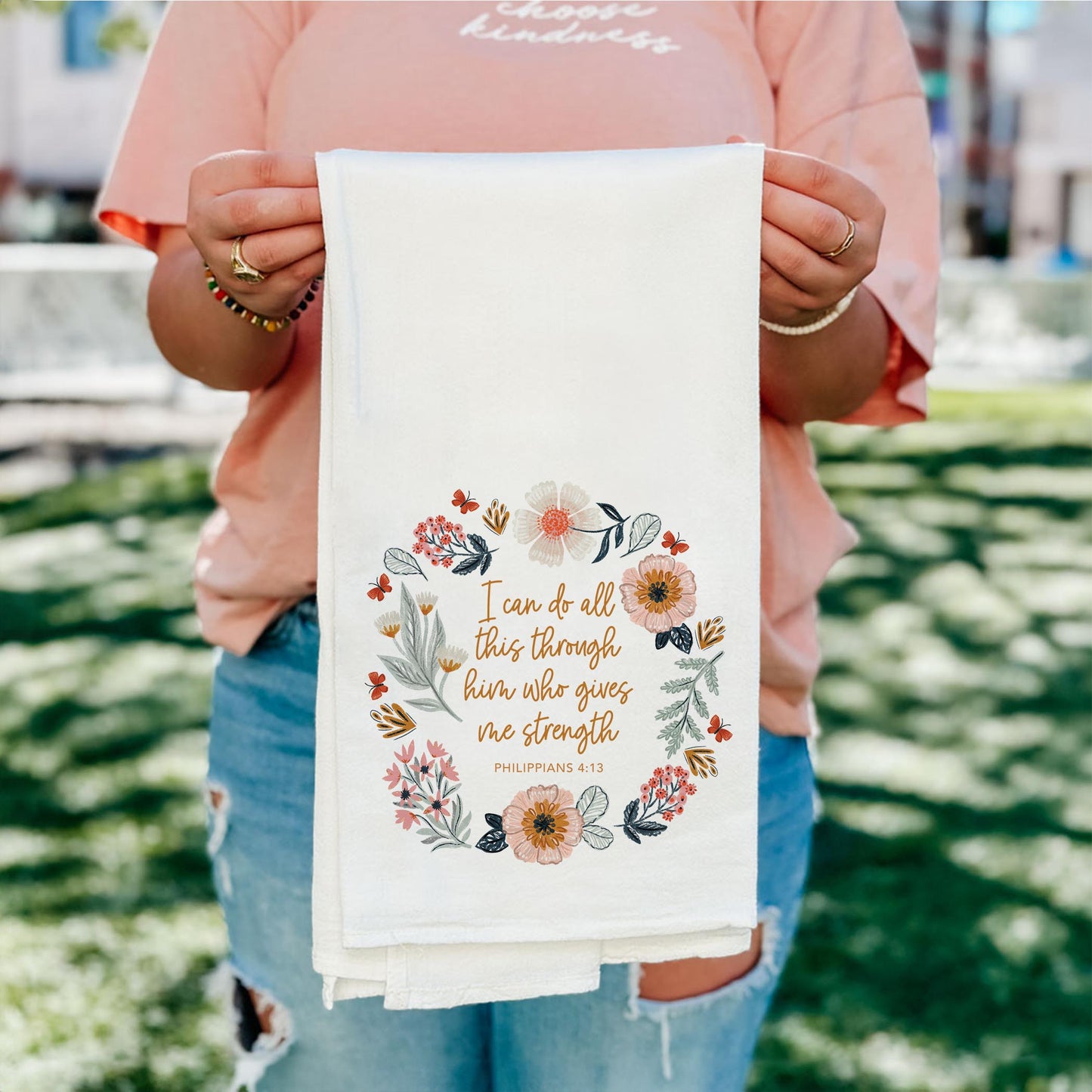 Cotton Tea Towel White-Pretty Things Floral Faith Gives Me Strength -5