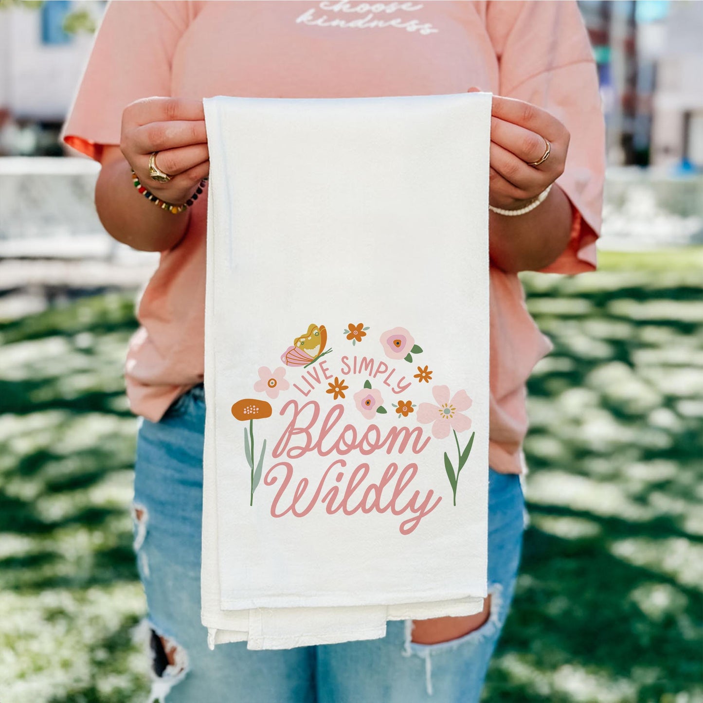 Cotton Tea Towel White-Spring Live Simply Bloom Wildly