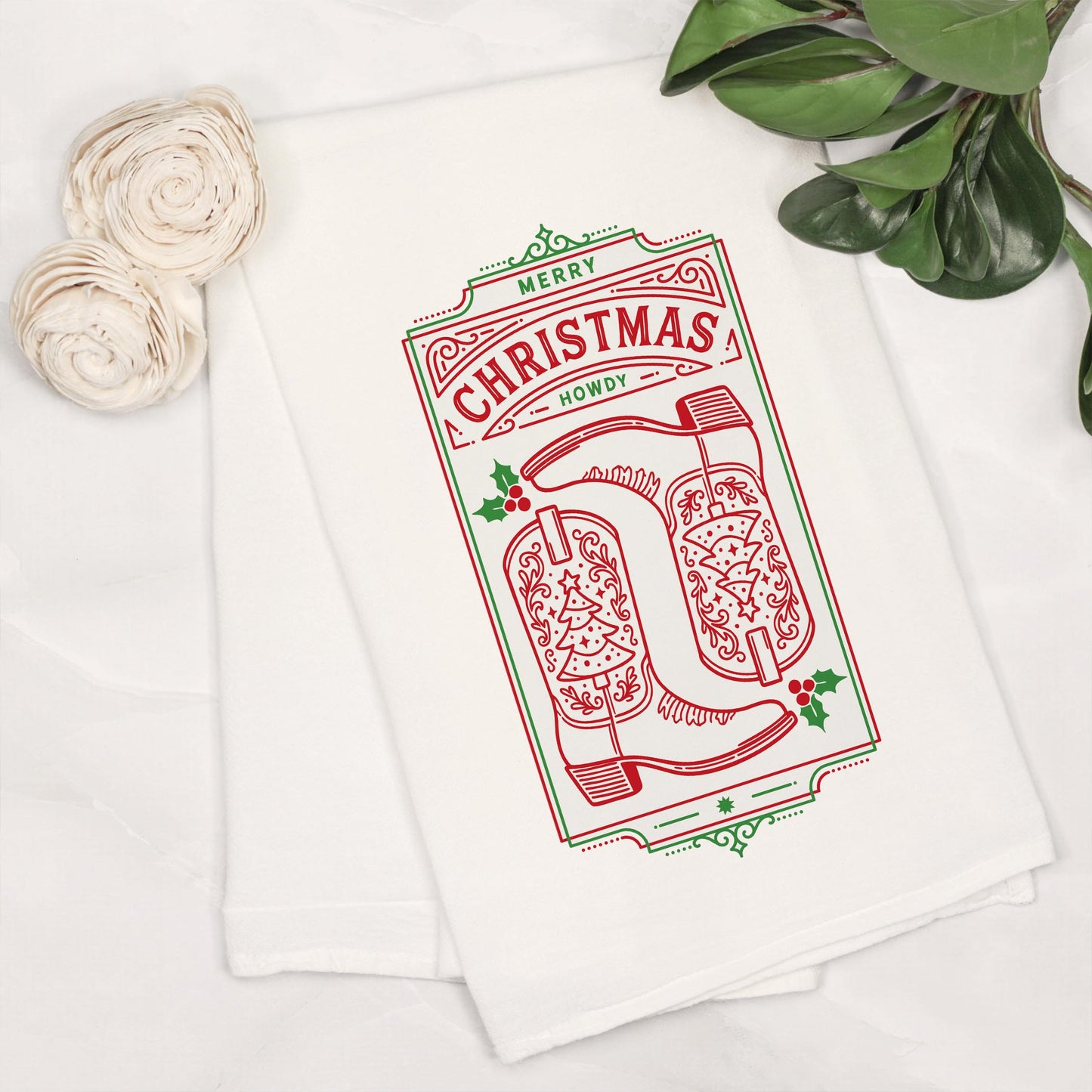 Cotton Tea Towel White-Western Christmas -6