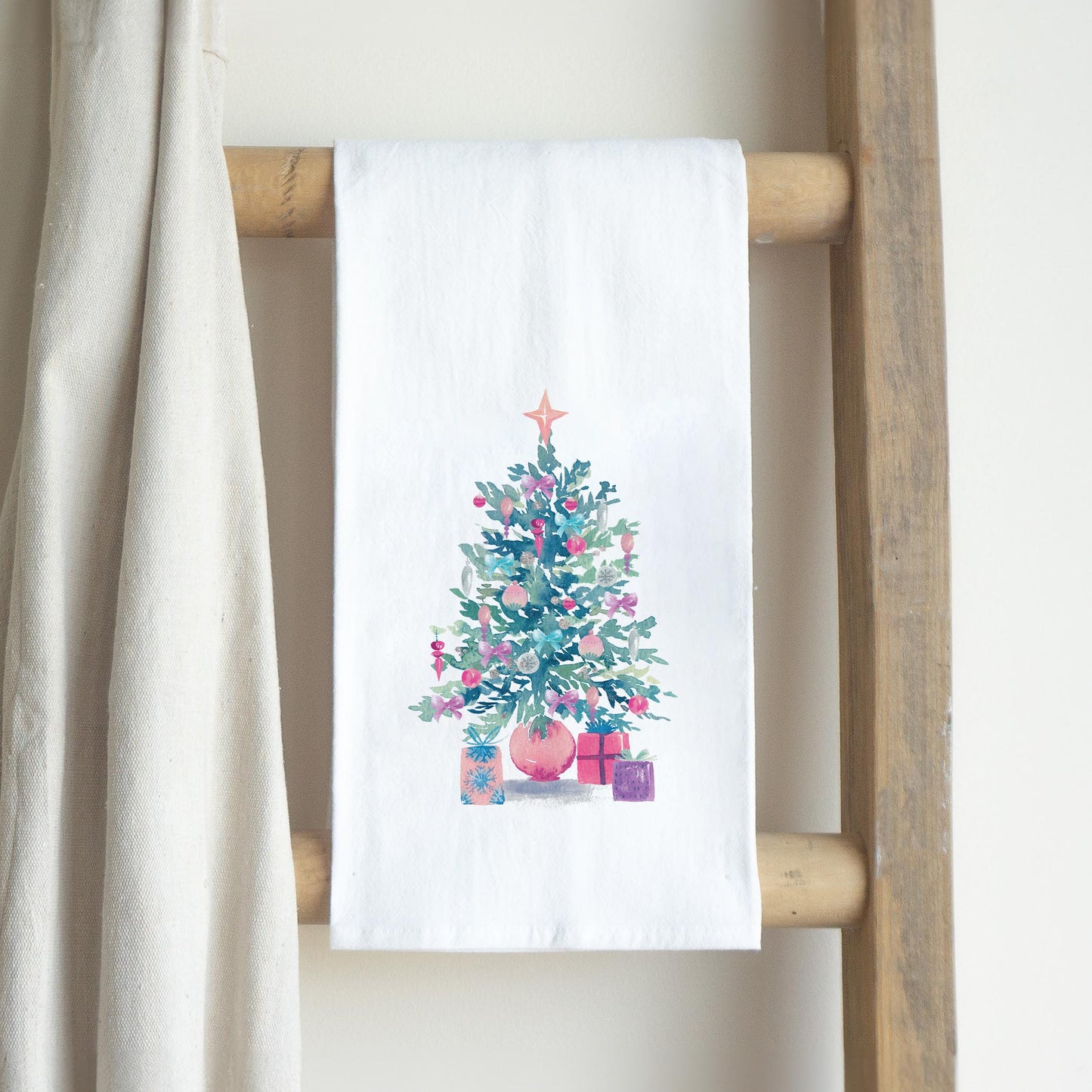 Cotton Tea Towel White-Watercolor Sugar Plum Christmas Tree -2