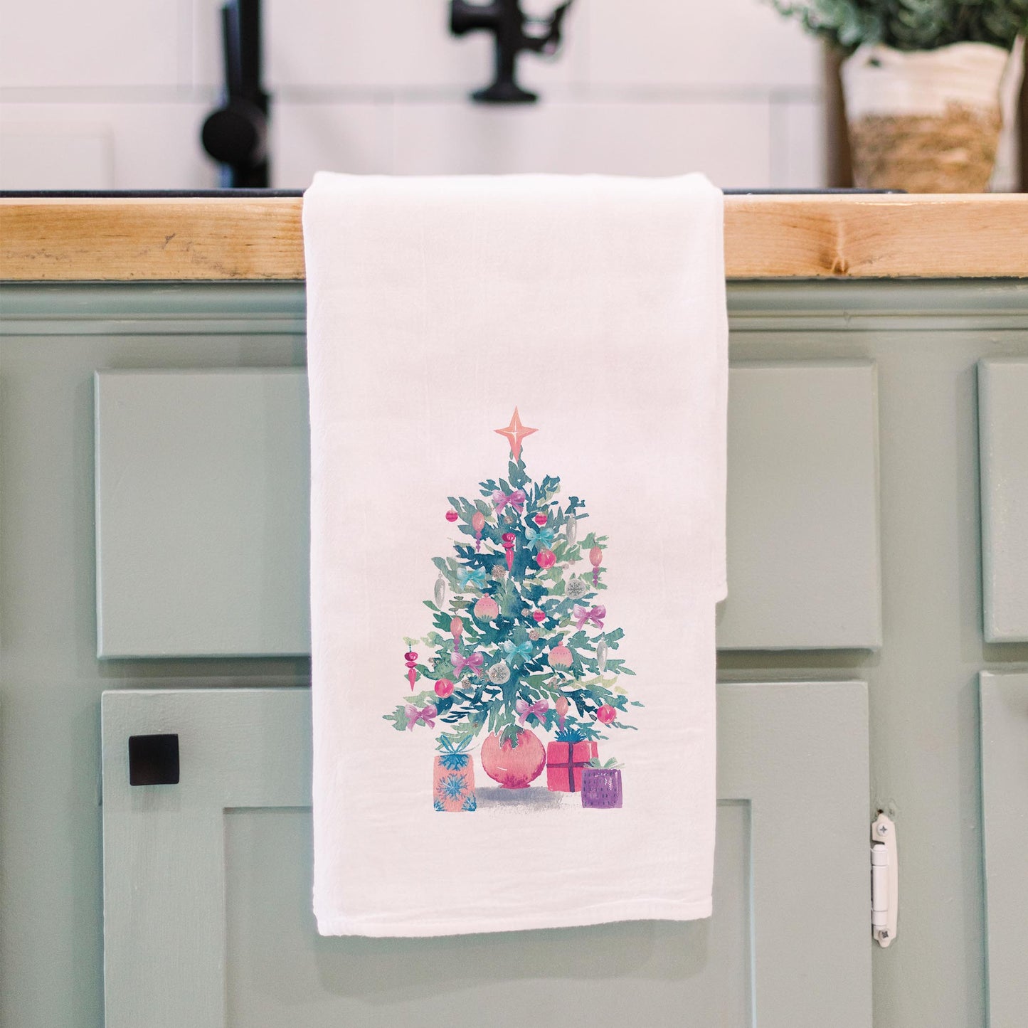 Cotton Tea Towel White-Watercolor Sugar Plum Christmas Tree -3