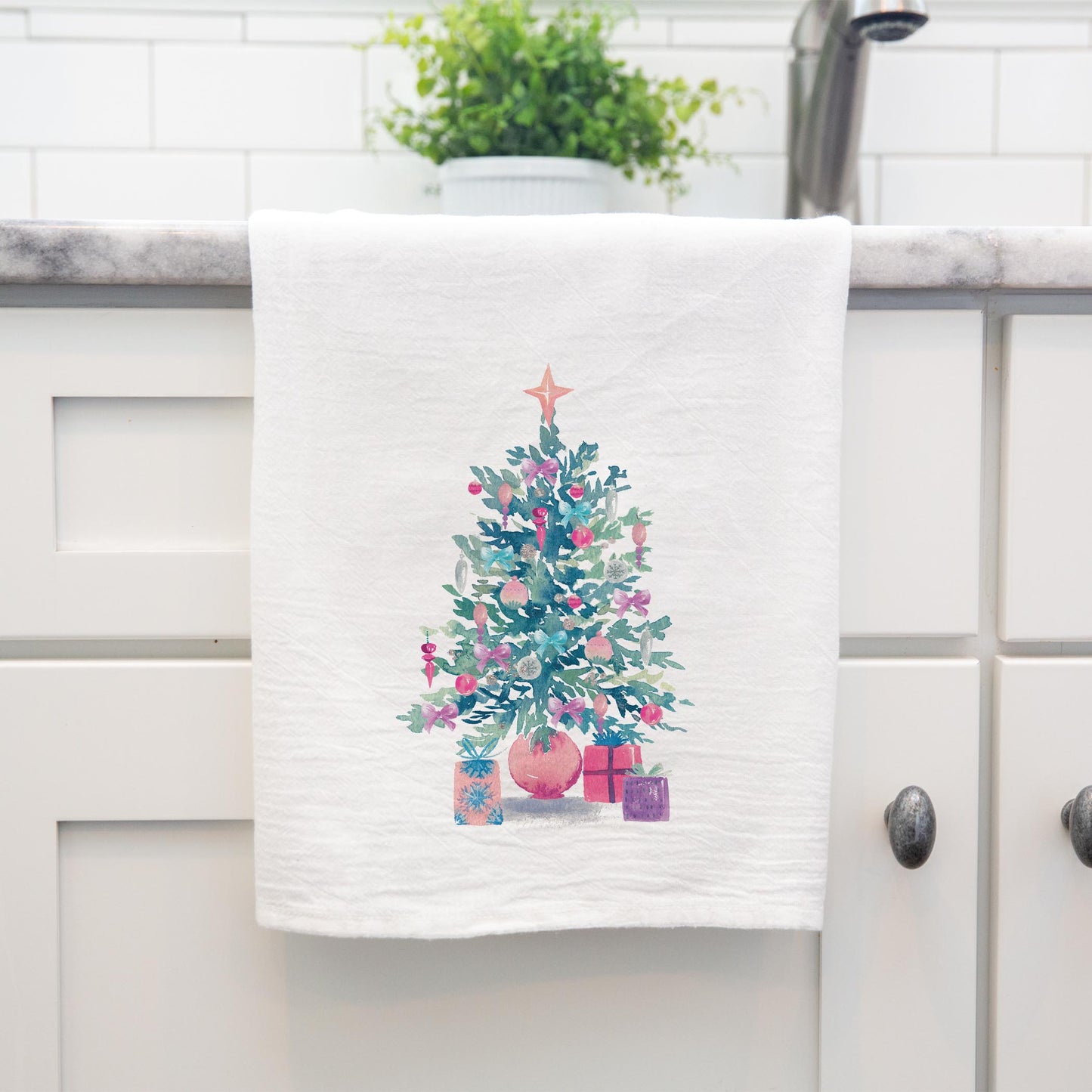 Cotton Tea Towel White-Watercolor Sugar Plum Christmas Tree -4