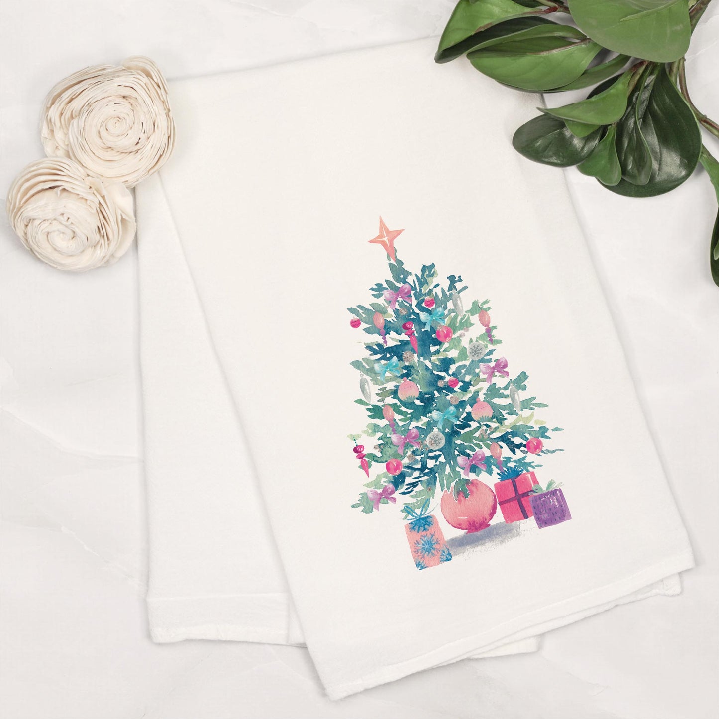 Cotton Tea Towel White-Watercolor Sugar Plum Christmas Tree -6
