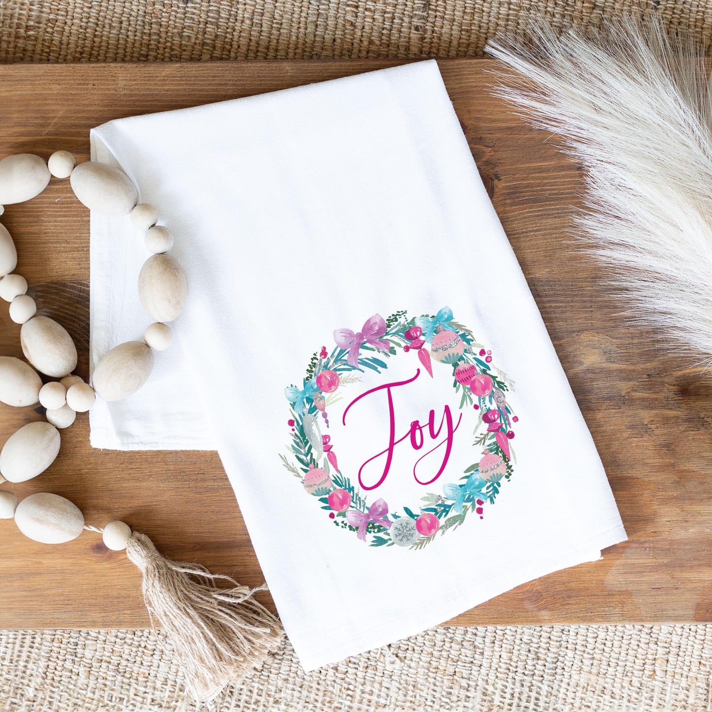 Cotton Tea Towel White-Watercolor Sugar Plum Joy Wreath -1