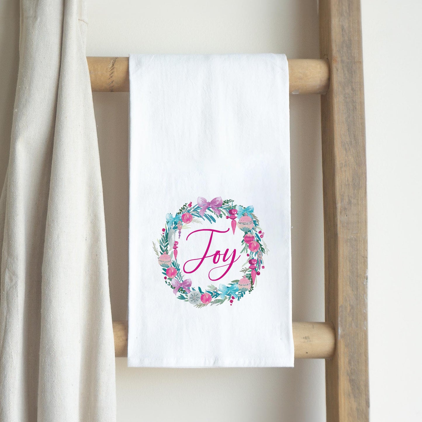 Cotton Tea Towel White-Watercolor Sugar Plum Joy Wreath -2