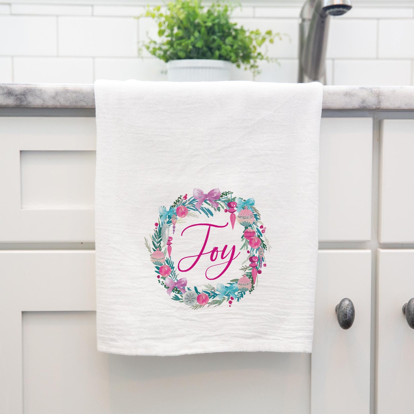 Cotton Tea Towel White-Watercolor Sugar Plum Joy Wreath -4