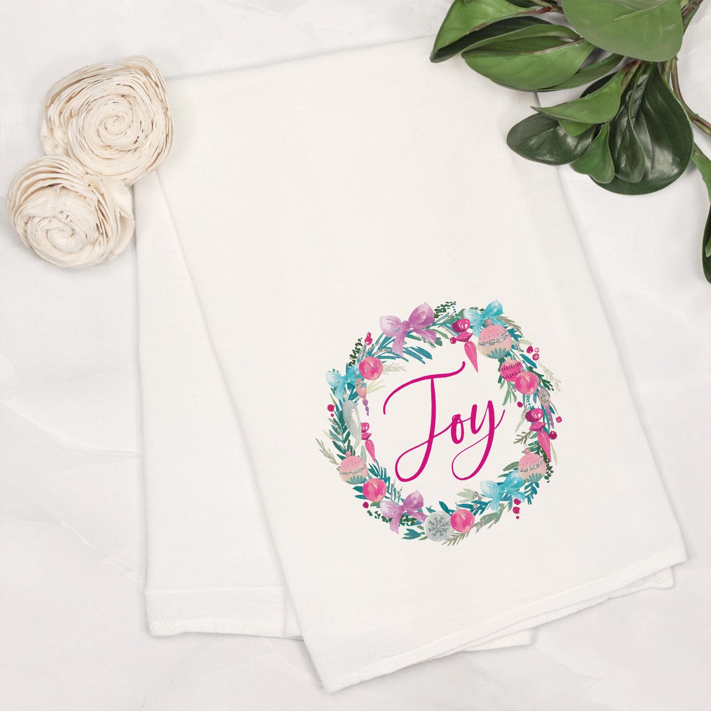 Cotton Tea Towel White-Watercolor Sugar Plum Joy Wreath -6