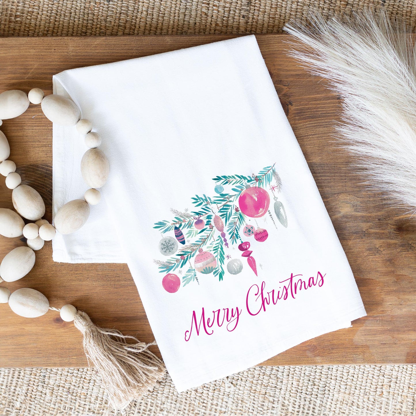 Cotton Tea Towel White-Watercolor Sugar Plum Merry Christmas -1