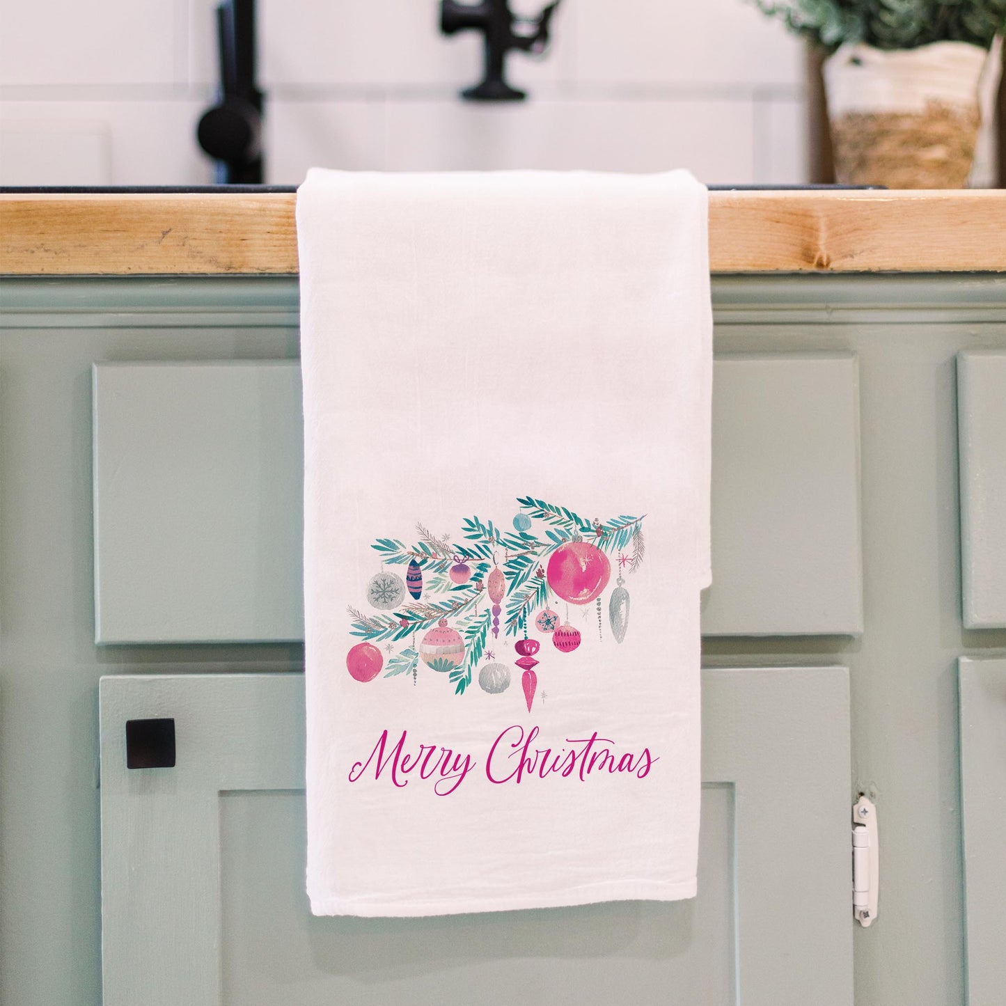 Cotton Tea Towel White-Watercolor Sugar Plum Merry Christmas -3