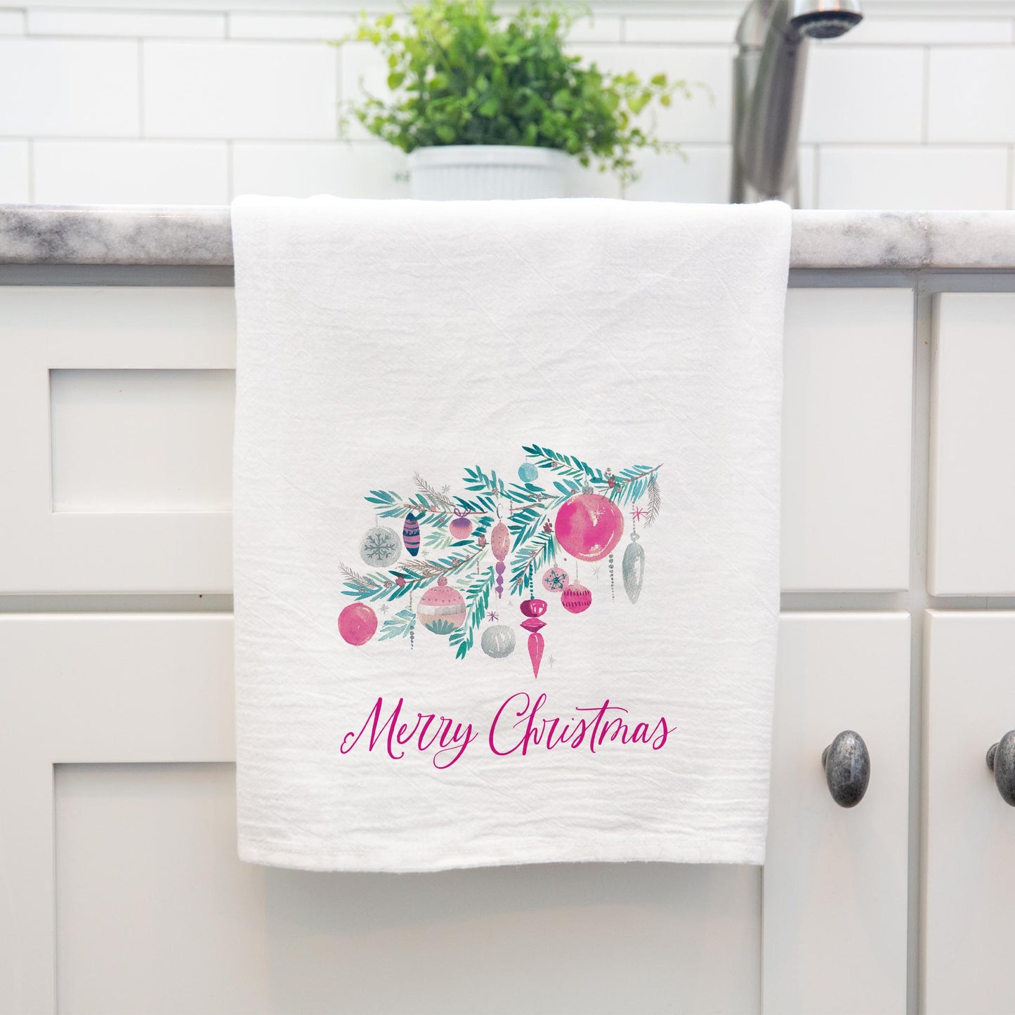 Cotton Tea Towel White-Watercolor Sugar Plum Merry Christmas -4