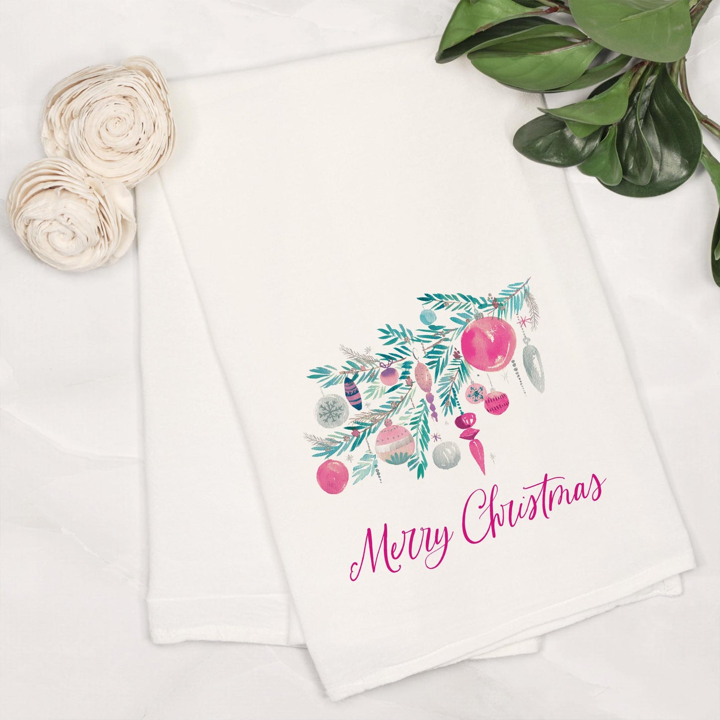 Cotton Tea Towel White-Watercolor Sugar Plum Merry Christmas -6