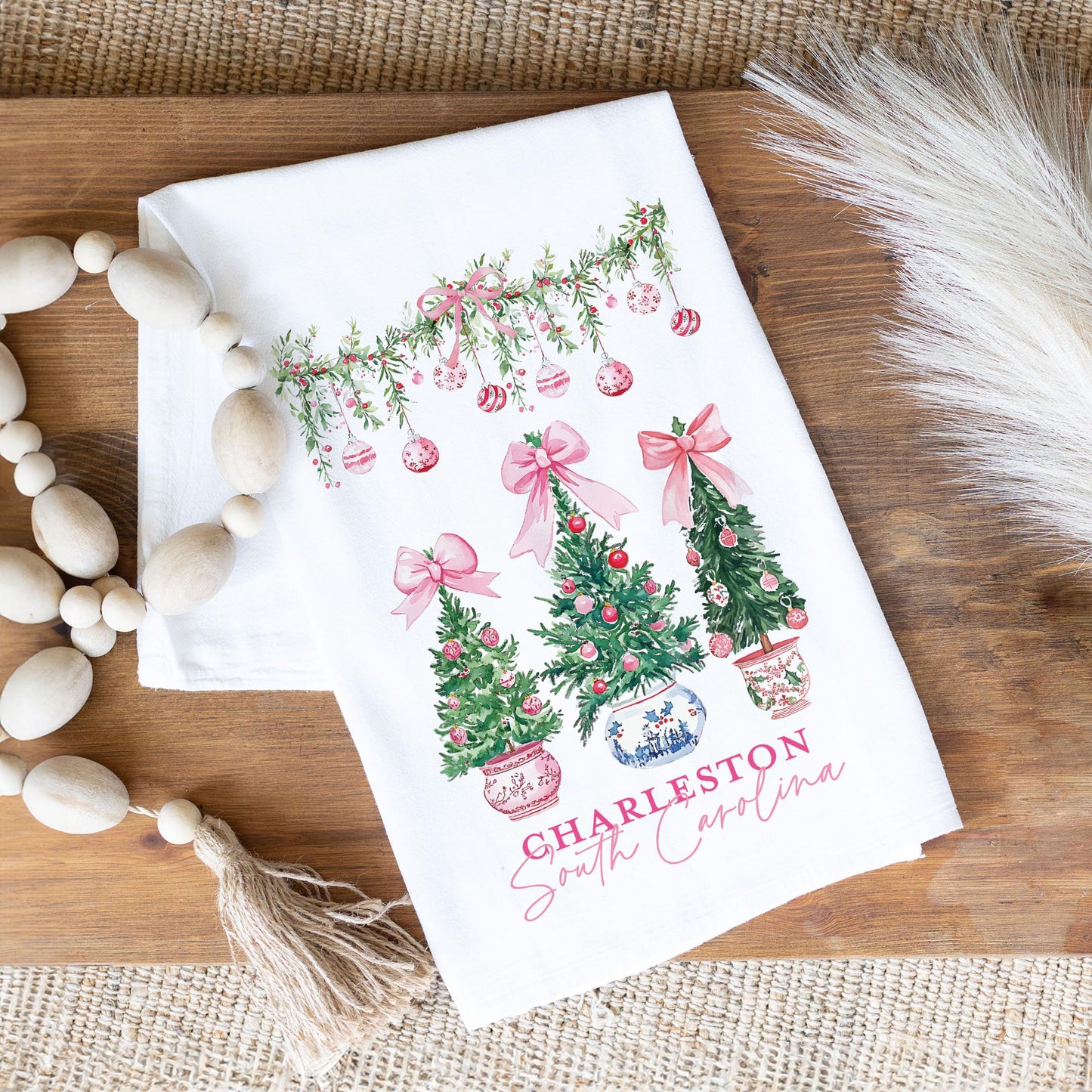 Cotton Tea Towel White-Love+Local Blush & Baubles - A Grand Millennial Christmas -1