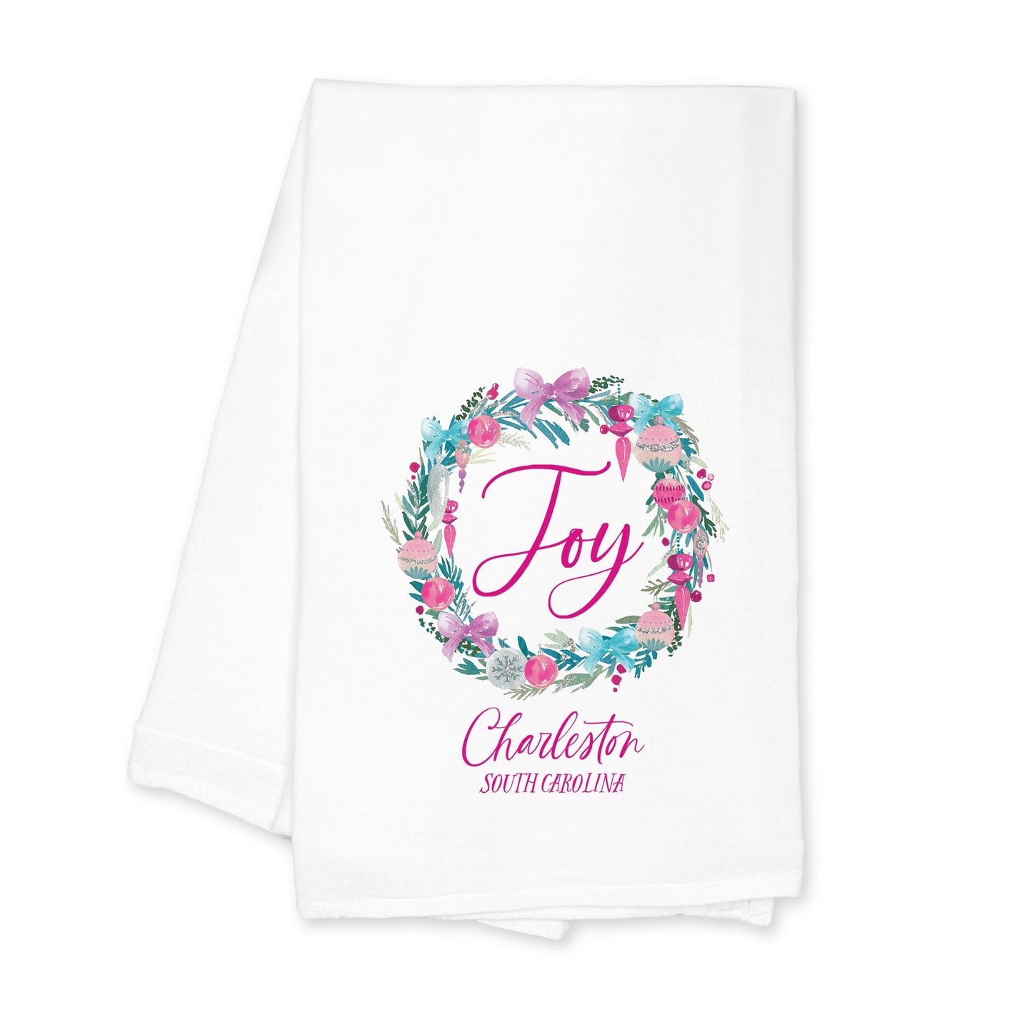Cotton Tea Towel White-Watercolor Sugar Plum Joy Wreath -0