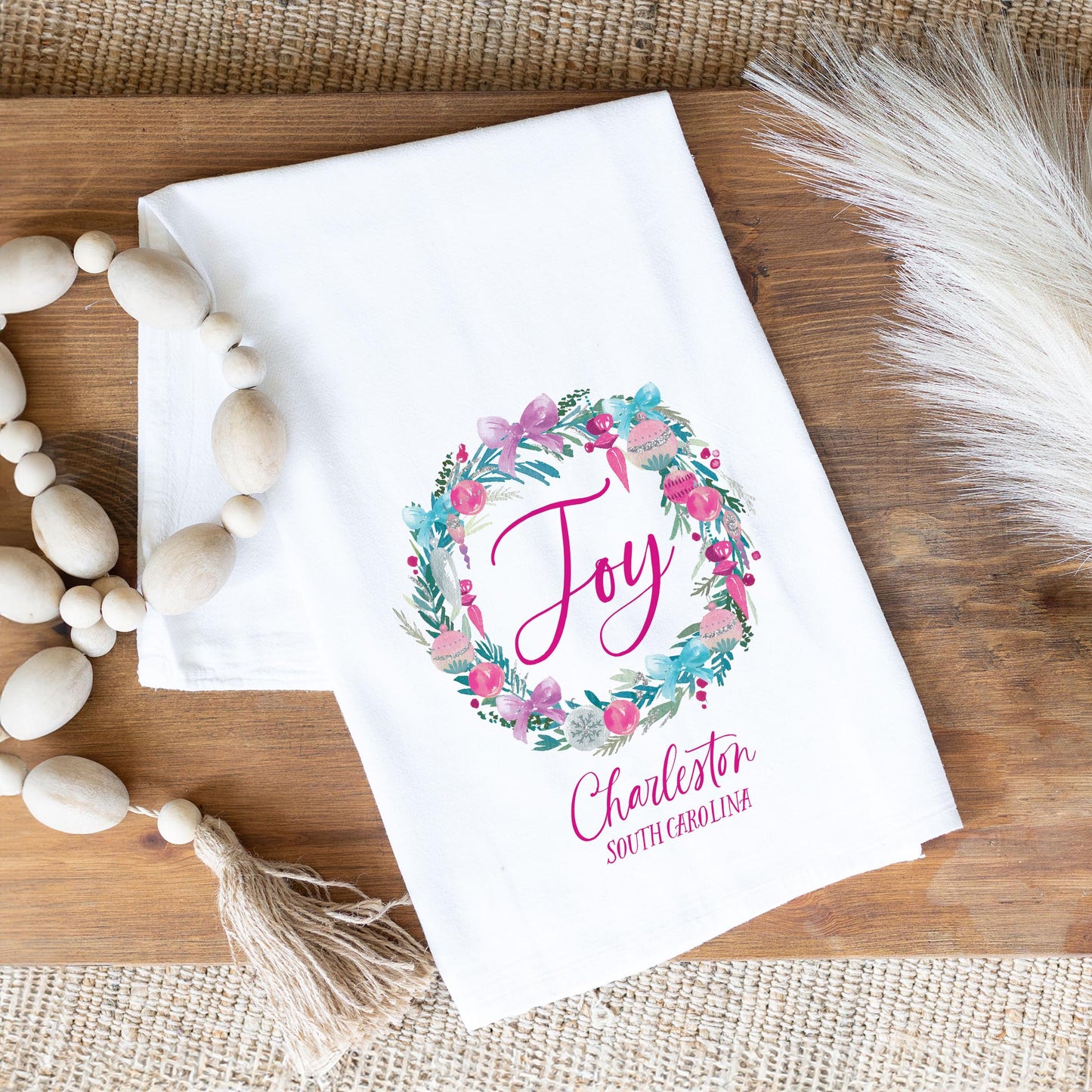 Cotton Tea Towel White-Watercolor Sugar Plum Joy Wreath -1
