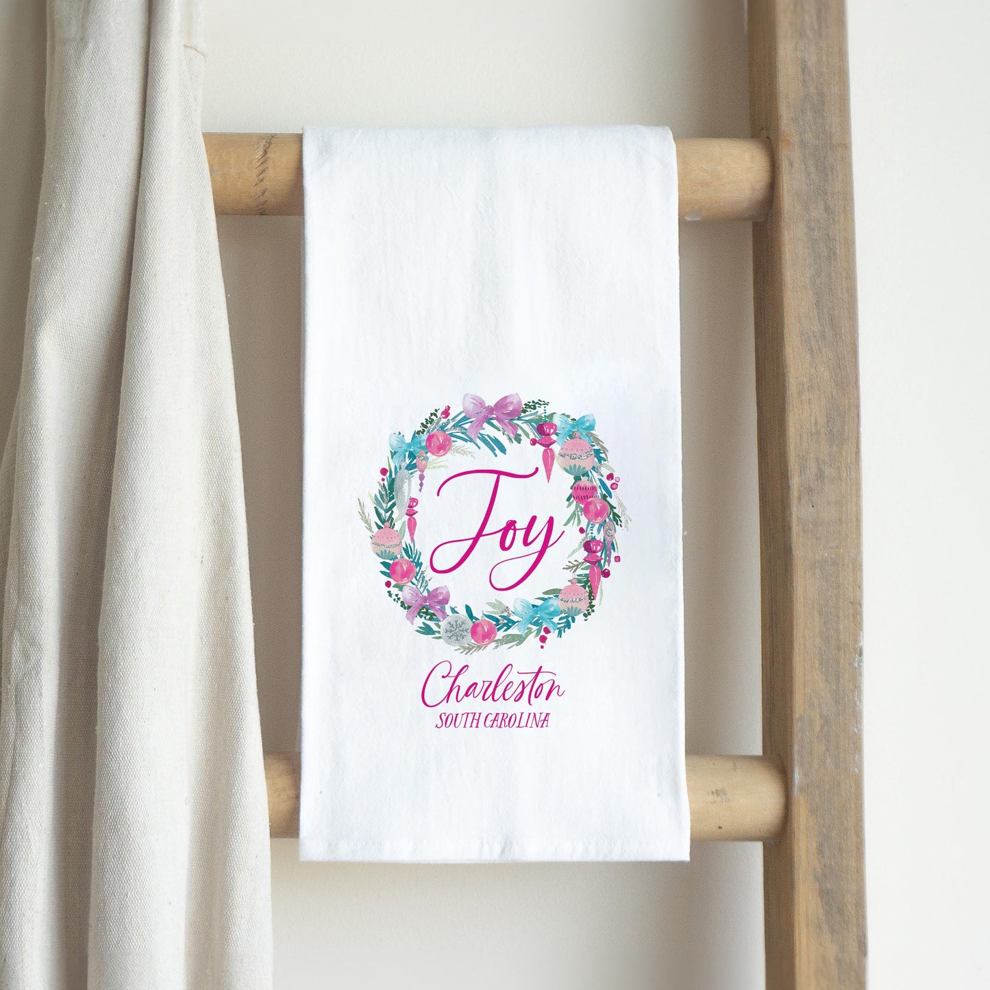 Cotton Tea Towel White-Watercolor Sugar Plum Joy Wreath -2