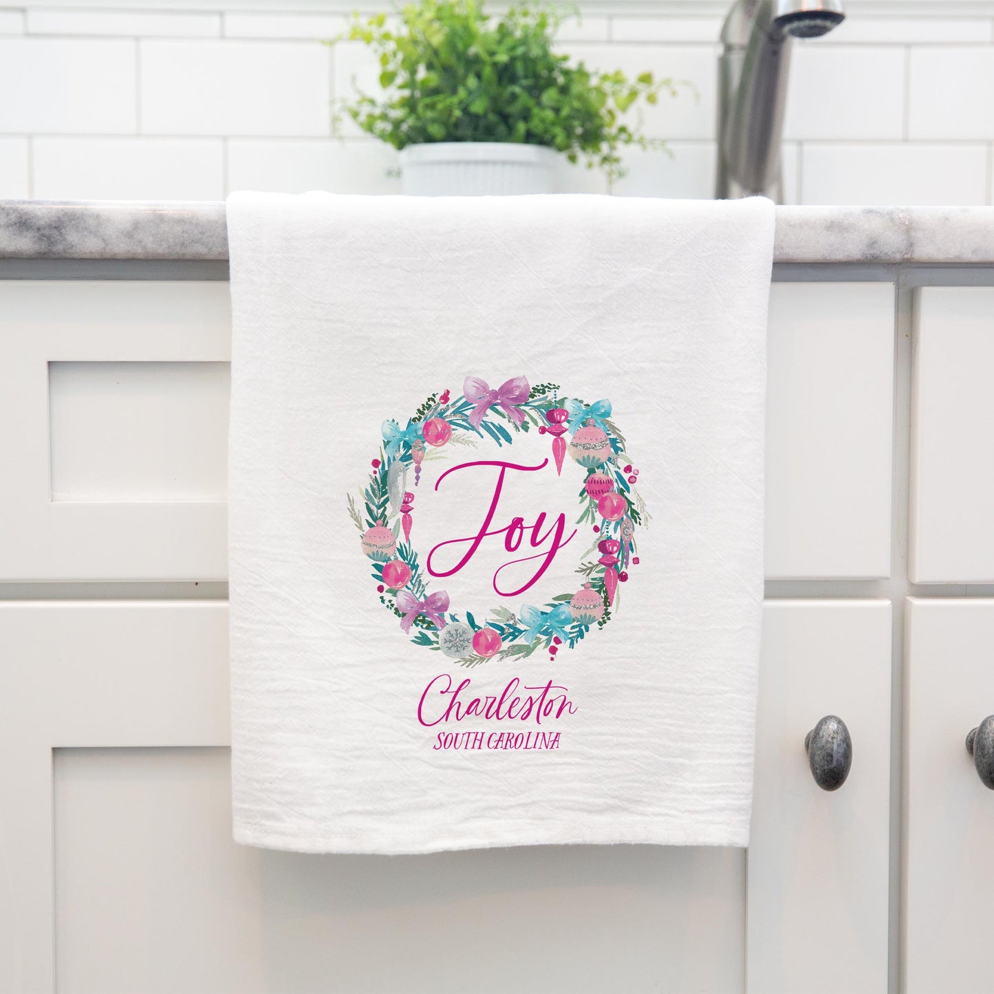 Cotton Tea Towel White-Watercolor Sugar Plum Joy Wreath -3