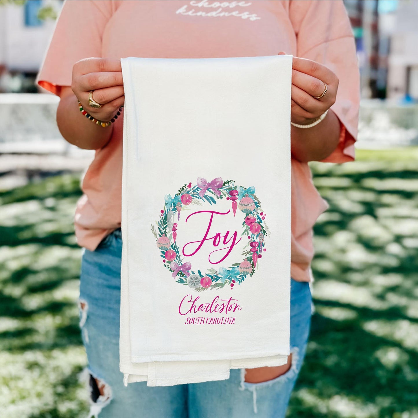 Cotton Tea Towel White-Watercolor Sugar Plum Joy Wreath -4