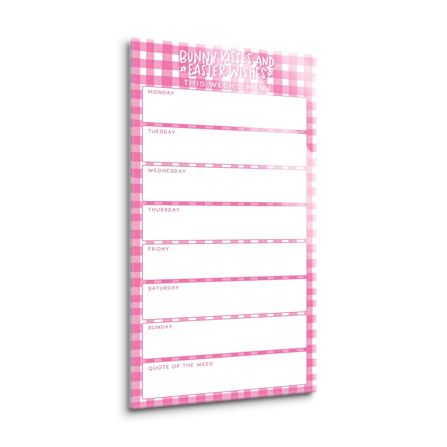 8x16 Glass Dry Erase-Pink Plaid Pattern Weekly Menu