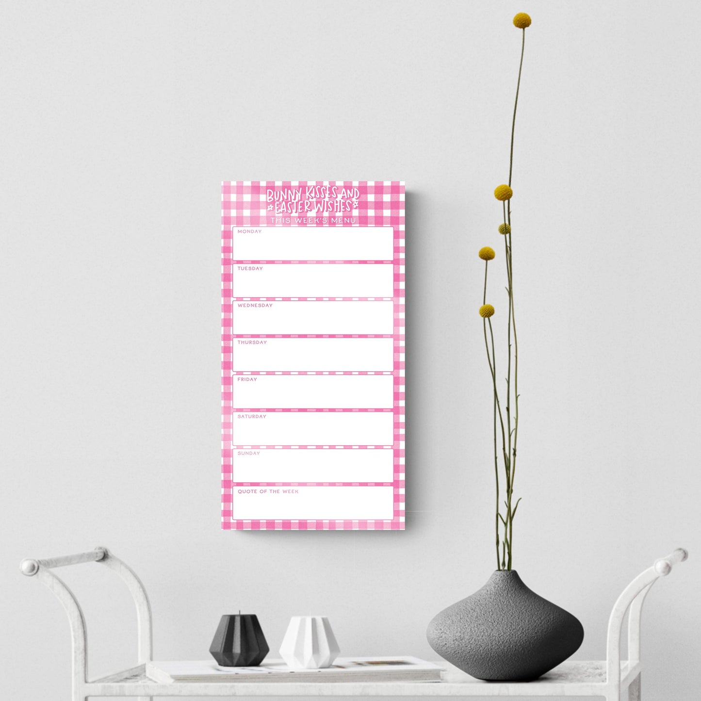8x16 Glass Dry Erase-Pink Plaid Pattern Weekly Menu
