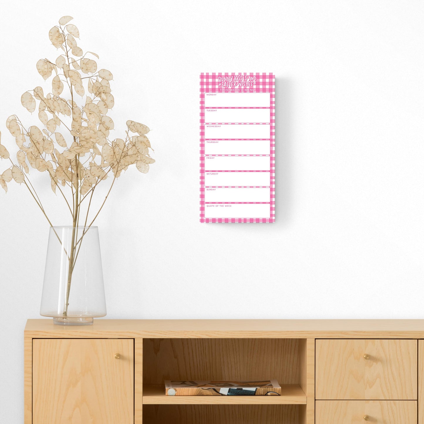 8x16 Glass Dry Erase-Pink Plaid Pattern Weekly Menu