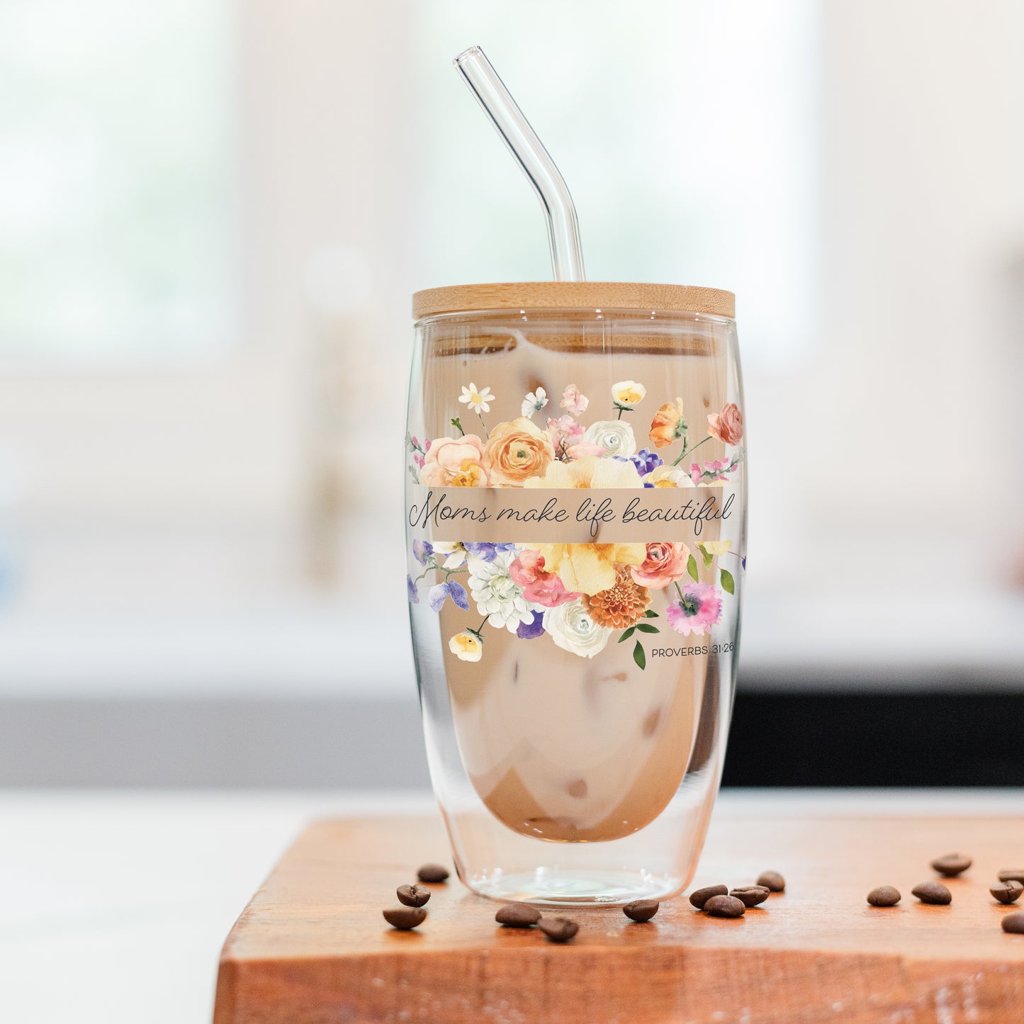 16oz Double Insulated Glass Tumbler Moms Make Life Beautiful Floral Background